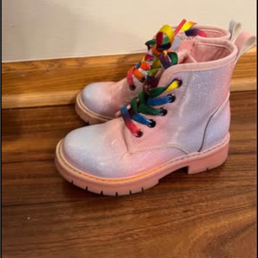 Pink Glitter Kids Boots with Rainbow Laces